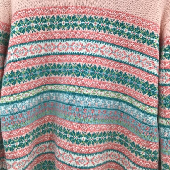Vintage Womens 1990s Fair Isles Nordic Christmas Sweater Pink Green Cotton Soft - Picture 8 of 11